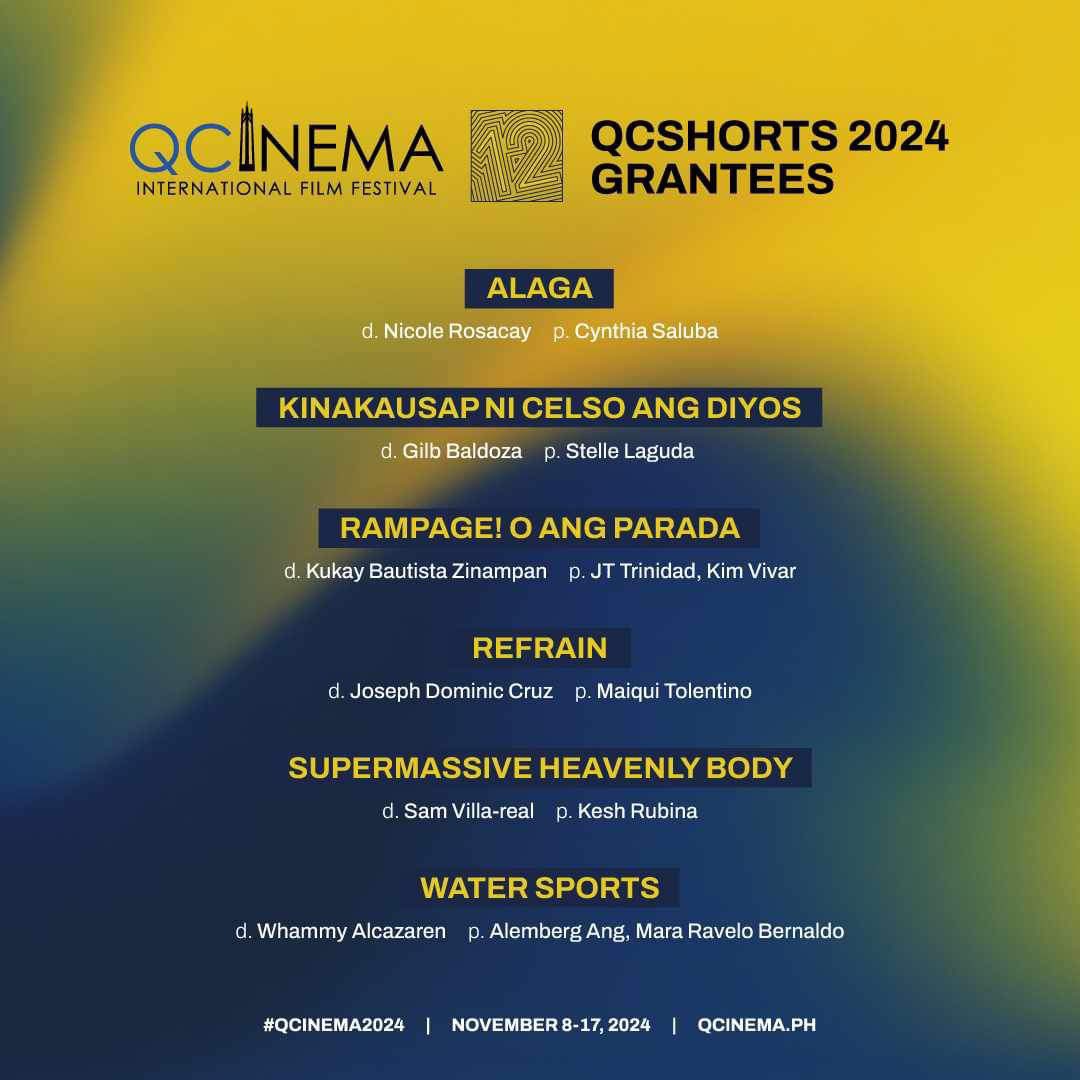 Starting the week with great news! We've chosen our six grantees for #QCShorts 2024. Their films will debut in this year’s QCinema festival from November 8-17, 2024. Congratulations to our #QCinema2024 batch!