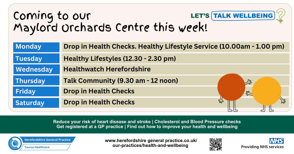 At our Talk Wellbeing Maylord Orchards centre this week, we'll be offering drop in Health Checks on Monday, Friday and Saturday We'll also be welcoming Healthy Lifestyles, Talk Community and Healthwatch Herefordshire teams. See: herefordshiregeneralpractice.co.uk/health-and-wel… for further details.