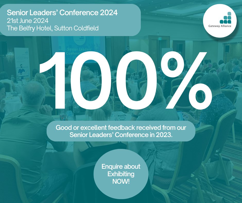 Final call for exhibitors to enquire about exhibiting at our Senior Leaders' Conference! Why not use this incredible opportunity to network and promote your goods and services to over 130 influential decision makers? For more information, email info@gatewayalliance.co.uk