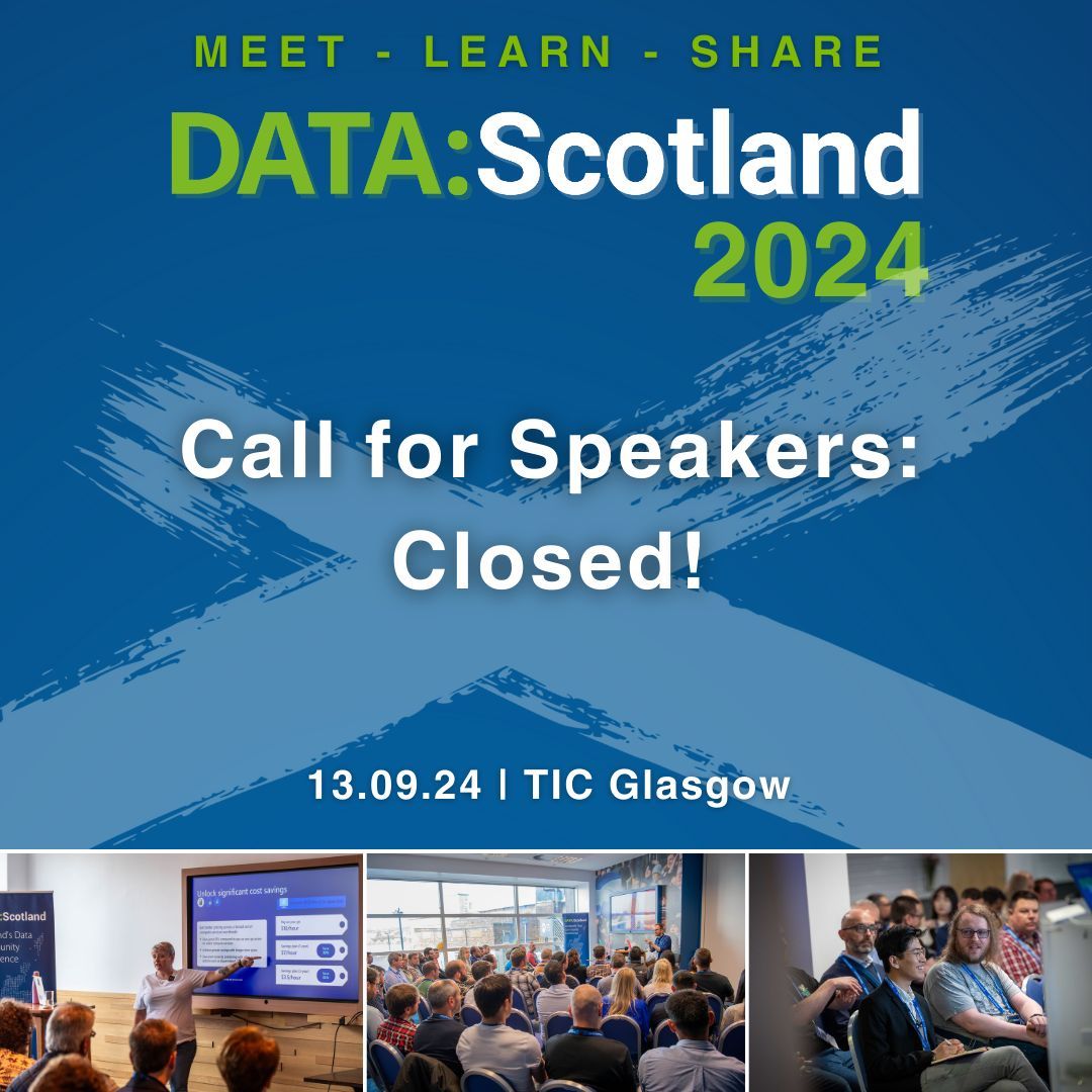 DataScotland's tweet photo. Our call for speakers is now closed - thank you for submitting! 💚💙

With #DataScotland2024 less than 5 months away, the team will be busy putting together the agenda. Watch this space! 

#DataCommunity #DataEvent #Data #AI https://t.co/PzaeiuVLtw