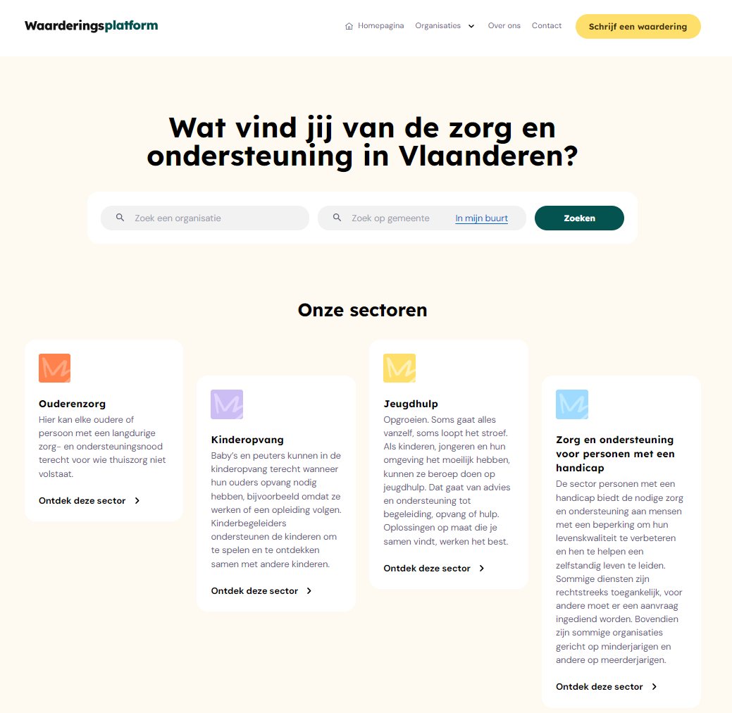 Vlaanderen lanceert vandaag waarderingsplatform.be Mensen kunnen er hun ervaring of waardering over een zorgorganisatie delen. Het helpt anderen om de juiste zorg en ondersteuning op maat te vinden. En stimuleert ook verbetering en kwaliteit in voorzieningen. @ZorgVlaanderen