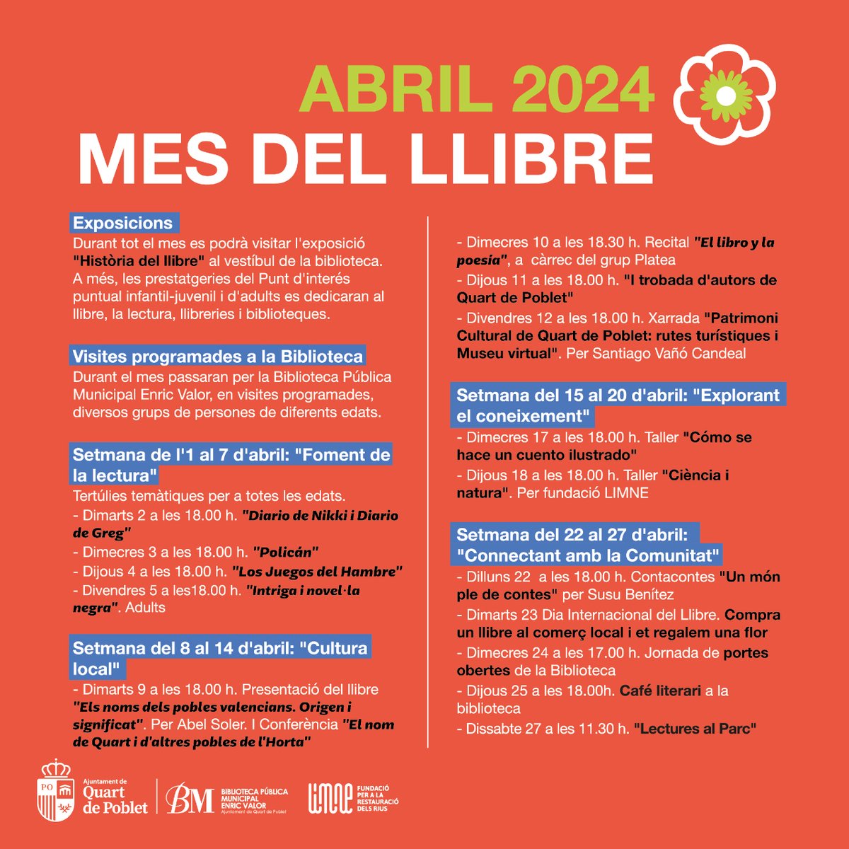 Et deixem la programació per a esta setmana! 📝

👉La temàtica serà 'Connectant amb la Comunitat', on tindrem diverses activitats com a Contacontes, Café literari, 'Lectures al Parc', i Jornada de portes obertes de la Biblioteca. 

Us esperem! 😊