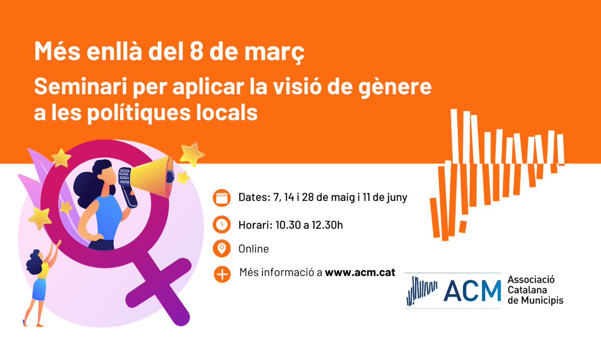 👉 Inscripcions obertes al seminari per aplicar la visió de gènere a les polítiques locals 'Més enllà del 8 de març' 🙋‍♀️ Aprèn què poden fer els ajuntaments per la igualtat de gènere i coneix bones pràctiques que altres ens han aplicat ℹ Més informació: acm.cat/formacio/funda…