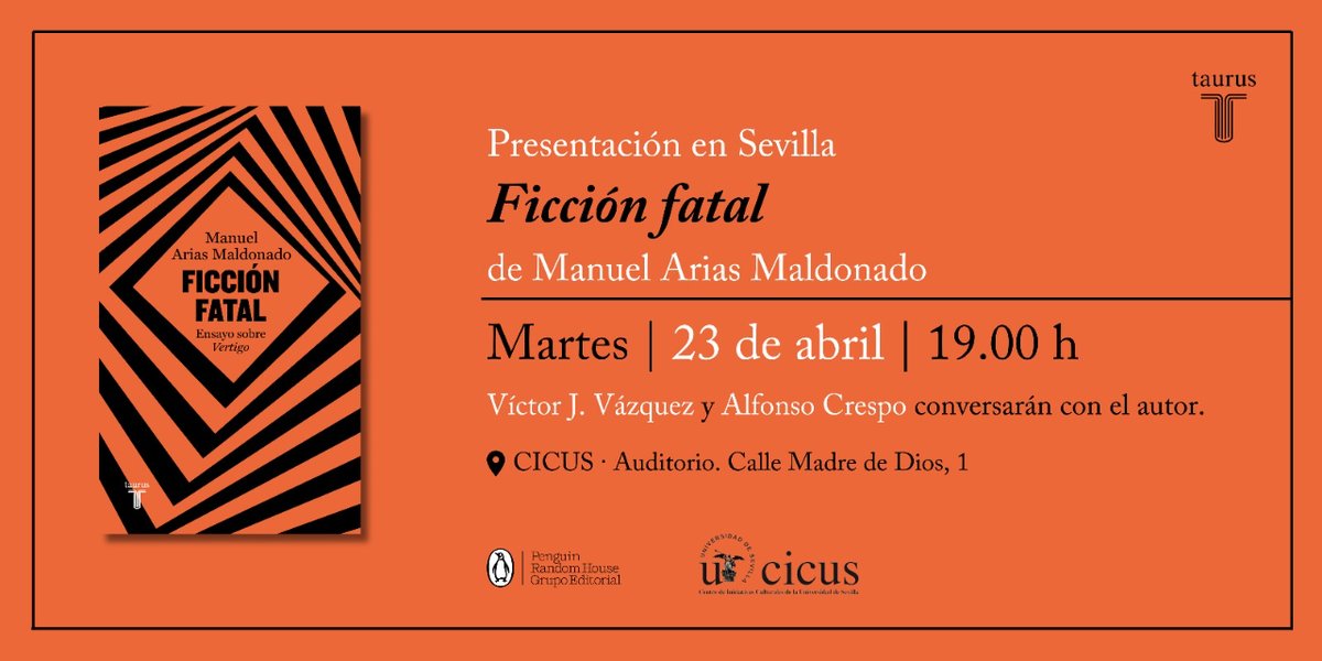 🎬📖 Os recordamos que mañana estaremos en #Sevilla con @goncharev. El autor presenta «Ficción fatal» junto a Víctor J. Vázquez y Alfonso Crespo en @CICUS_. ¿Nos acompañas? 👉 Inscripciones: cicus.us.es/ficcionfatal/