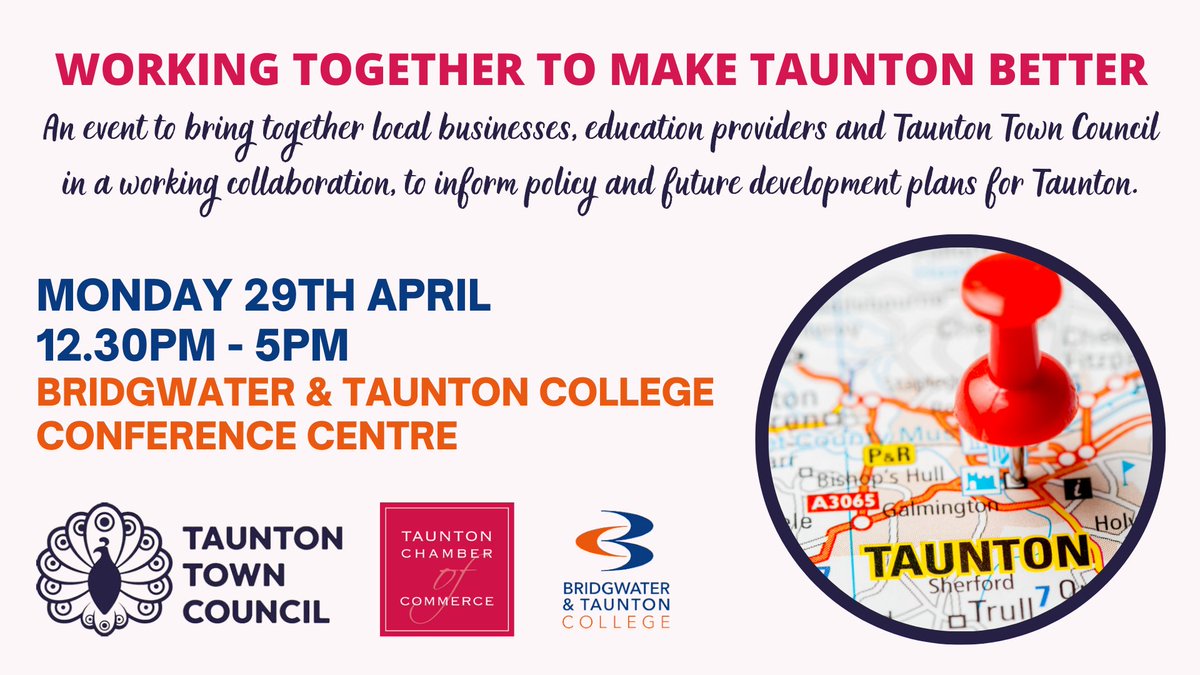 **LIMITED PLACES and BOOKINGS CLOSE on WEDNESDAY** An event to bring together local businesses, education providers and Taunton Town Council in a working collaboration to inform policy and future development plans for Taunton. eventbrite.co.uk/e/852089170647
