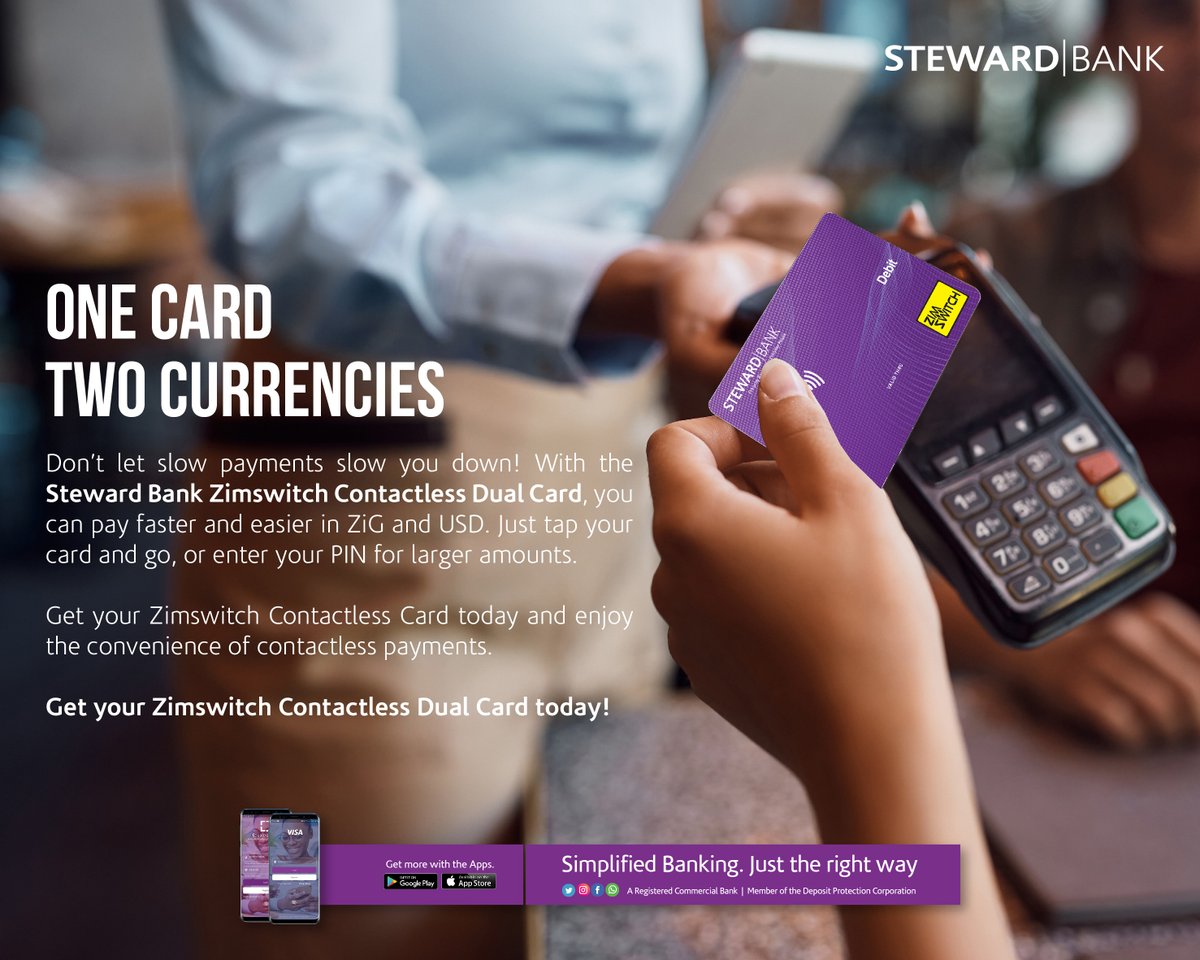 One Card, Two Currencies! Get the ZimSwitch contactless dual currency card for fast and secure payments in both ZiG & USD. #WeveGotYou