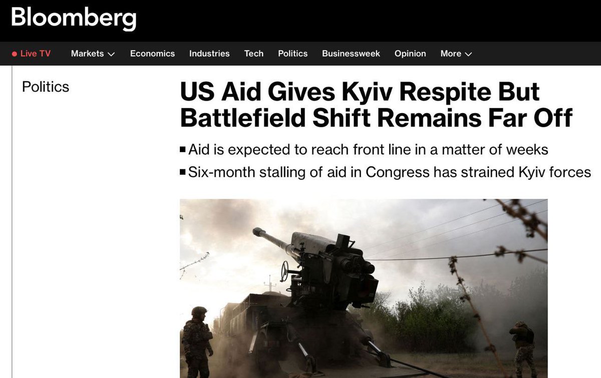 L'aide américaine donnera un répit à l'Ukraine, mais accélérera l'offensive russe. - Bloomberg Le journal écrit qu'après le déblocage de 61 milliards de dollars d'aide, beaucoup dépendra de la rapidité avec laquelle cette aide arrivera à Kiev. 'Le projet est bloqué au Congrès