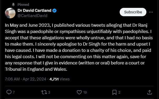 Any Dr. Cartland followers who may read this: This is the 'vexatious and targeted' legal proceeding that he urged you to give your hard earned money to support. Making unsubstantiated and vile slurs on a fellow doctor calling them a paedophile. Consider this before donating again