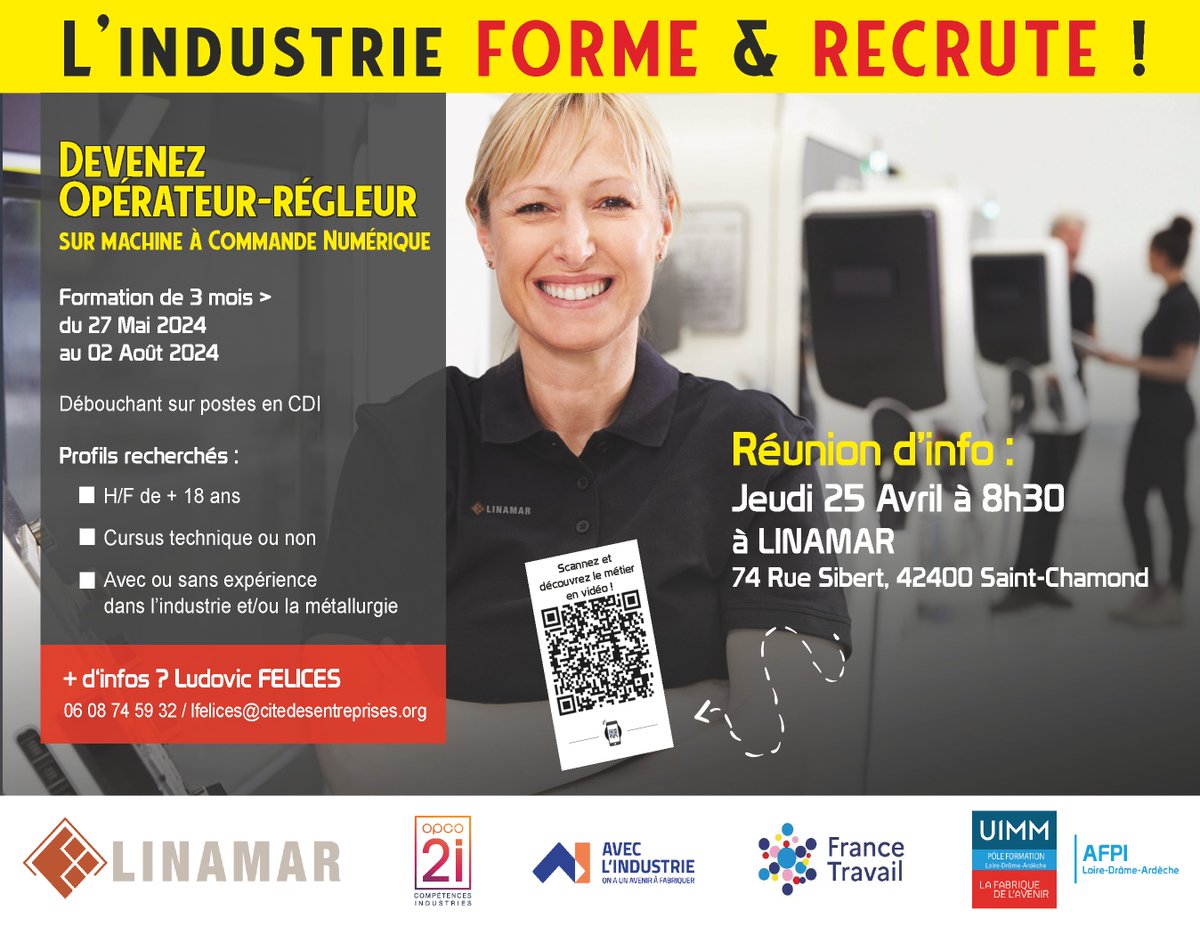 Devenez Opérateur-Régleur sur Machine à Commande Numérique chez <a href="/LinamarCorp/">Linamar Corporation</a> tout en étant rémunéré(e) !

Formation gratuite, en #alternance et rémunérée
Débouchant sur postes en CDI !

⚡ Formation du 27 mai au 02 août pour 3 mois ⚡

#formation #apprentissage #cqpm