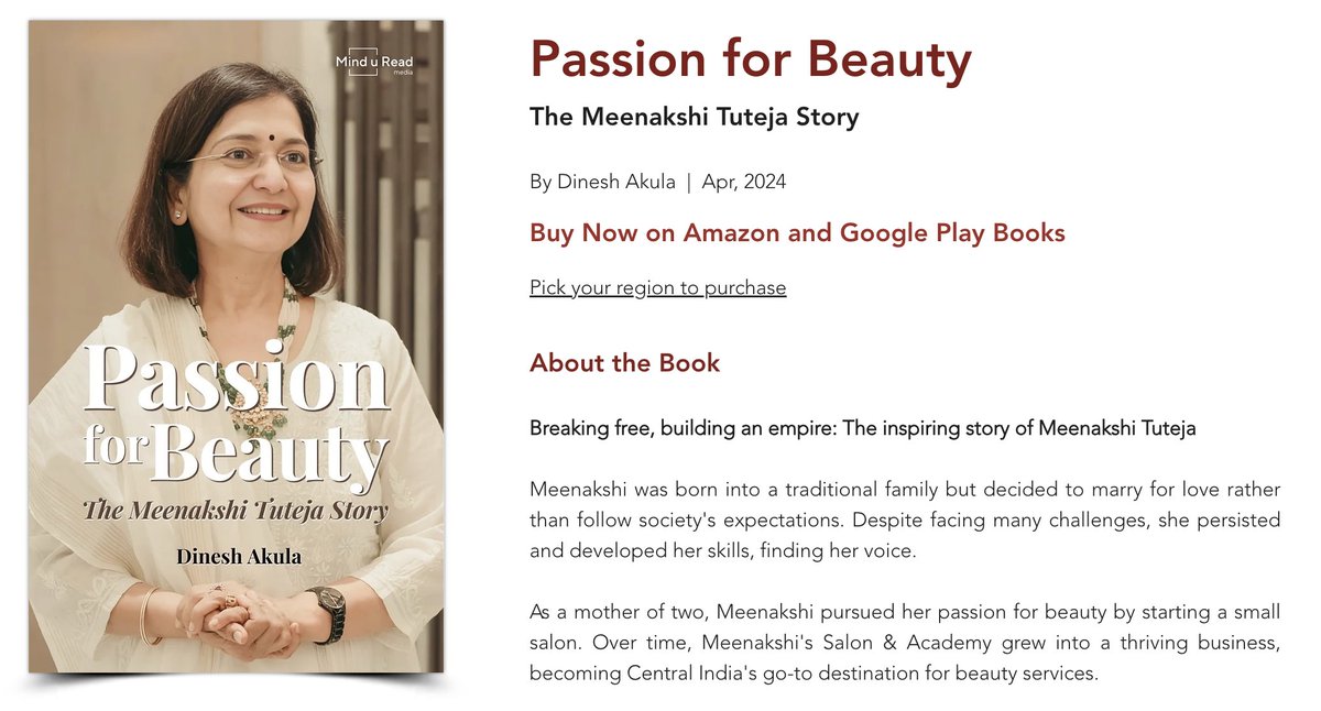 I'm excited to share that I am now an author! My book, Passion for Beauty, tells the inspiring story of Meenakshi Tuteja, who overcame obstacles to achieve great things. Meenakshi's story is about hard work, growth, and the pursuit of excellence. It will inspire you as much as it