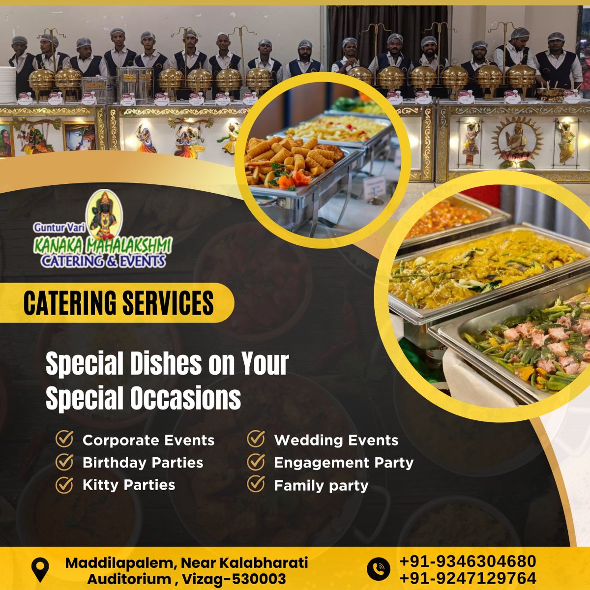 Here's a social media content idea for your catering services:

🍽 CATERING SERVICES 🍽
Special Dishes for Your Special Occasions!
🎉 Services Offered:

📞 Contact Us:
+91-9346304680, +91-9247129764
#CateringServices #SpecialOccasions #CorporateEvents #BirthdayParties #Weddings