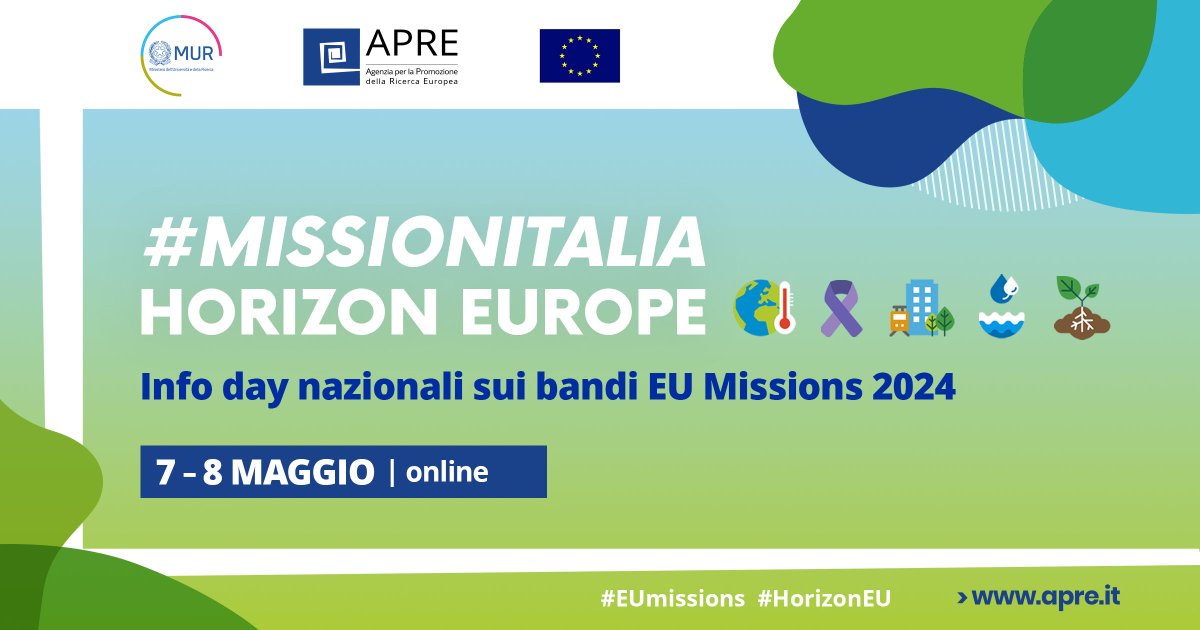 ❗ 𝐒𝐀𝐕𝐄 𝐓𝐇𝐄 𝐃𝐀𝐓𝐄 ❗

📢 Info day nazionali sui bandi EU Missions 2024
📅 7-8 maggio #MISSIONITALIA

APRE, in accordo con il @mur_gov_, organizza sessioni tematiche online per approfondire i temi delle #EUMissions

👉 bit.ly/49ObOfy
#HorizonEU