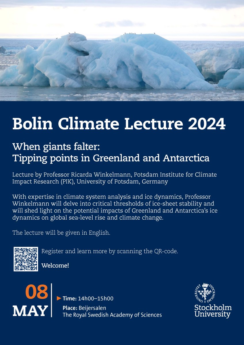 👂Don't miss this rare opportunity to learn from one of the leading experts in the field of climate science, Professor Ricarda Winkelmann from @unipotsdam & @PIK_Climate! Open for everyone that registers below, see you at @ScienceAcad_swe in May. 🙌su.se/english/resear…