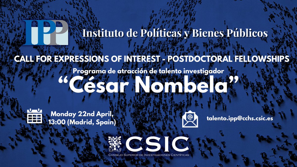 ‼️ Call for Expressions of Interest at @IPP_CSIC: Postdoc fellowships of the 'Programa de atracción de talento investigador “César Nombela”' 📆 Deadline to submit an Expression of Interest: 22nd April, 13h (Madrid, Spain) 📩 talento.ipp@cchs.csic.es 🔗 saco.csic.es/index.php/s/Qy…