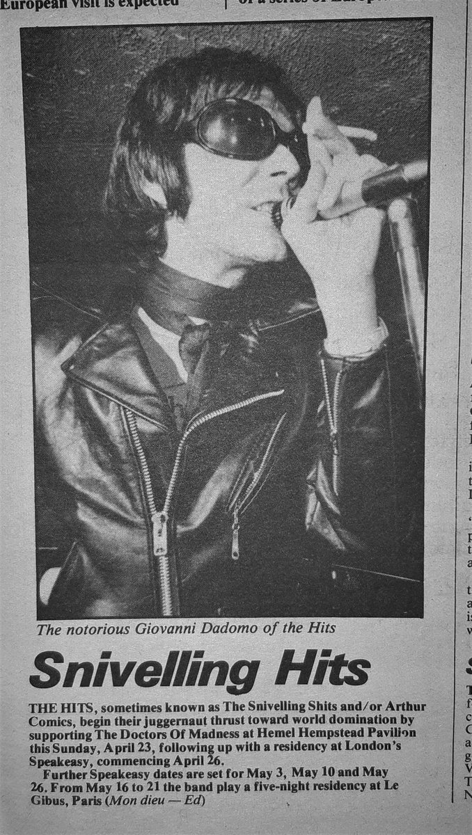 News of Giovanni Dadomo's band The Snivelling Shits gigs with The Doctors Of Madness in Sounds 22nd, April 1978. @MadnessDoctors @StrangeRichard @MadnessDoctors