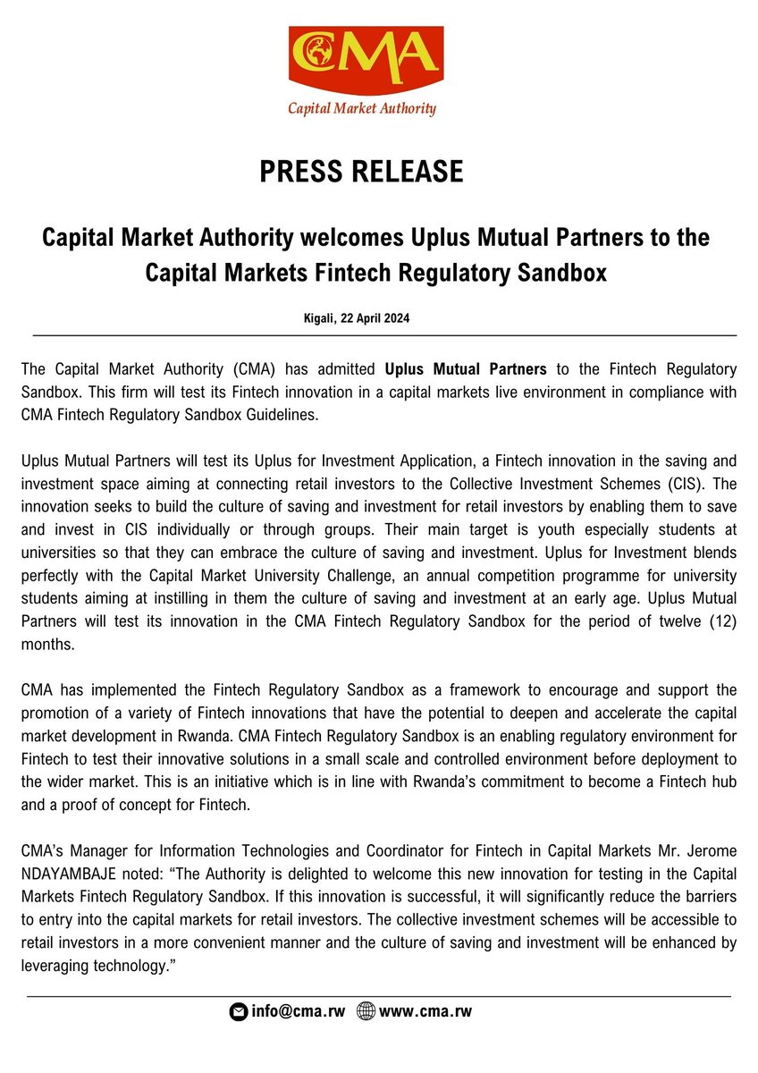 The Capital Market Authority has admitted Uplus Mutual Partners to the Fintech Regulatory Sandbox. This firm will test its Fintech innovation in a capital market live environment in compliance with #CMAFintech Regulatory Sandbox Guidelines.