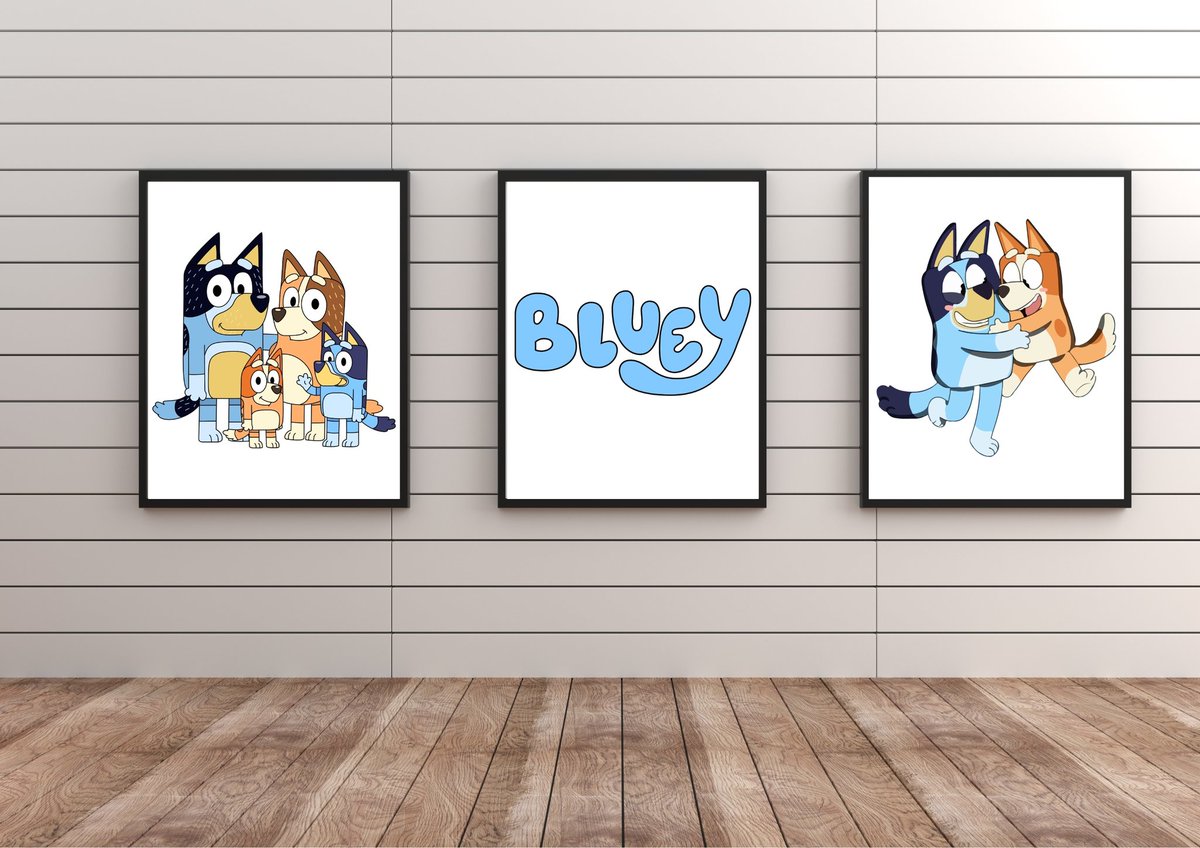 Set Of 3 Bluey Prints. A4 PRINT : 29.6 x 21.2 CM / 8.2' x 8.5' PRINTS | 250gsm White Card | High Quality Ink. UNFRAMED | PRINT ONLY - Frame is for display purposes only. #madebyloveandsparkles #personalisedprints #childrensprints #personalisedgifts