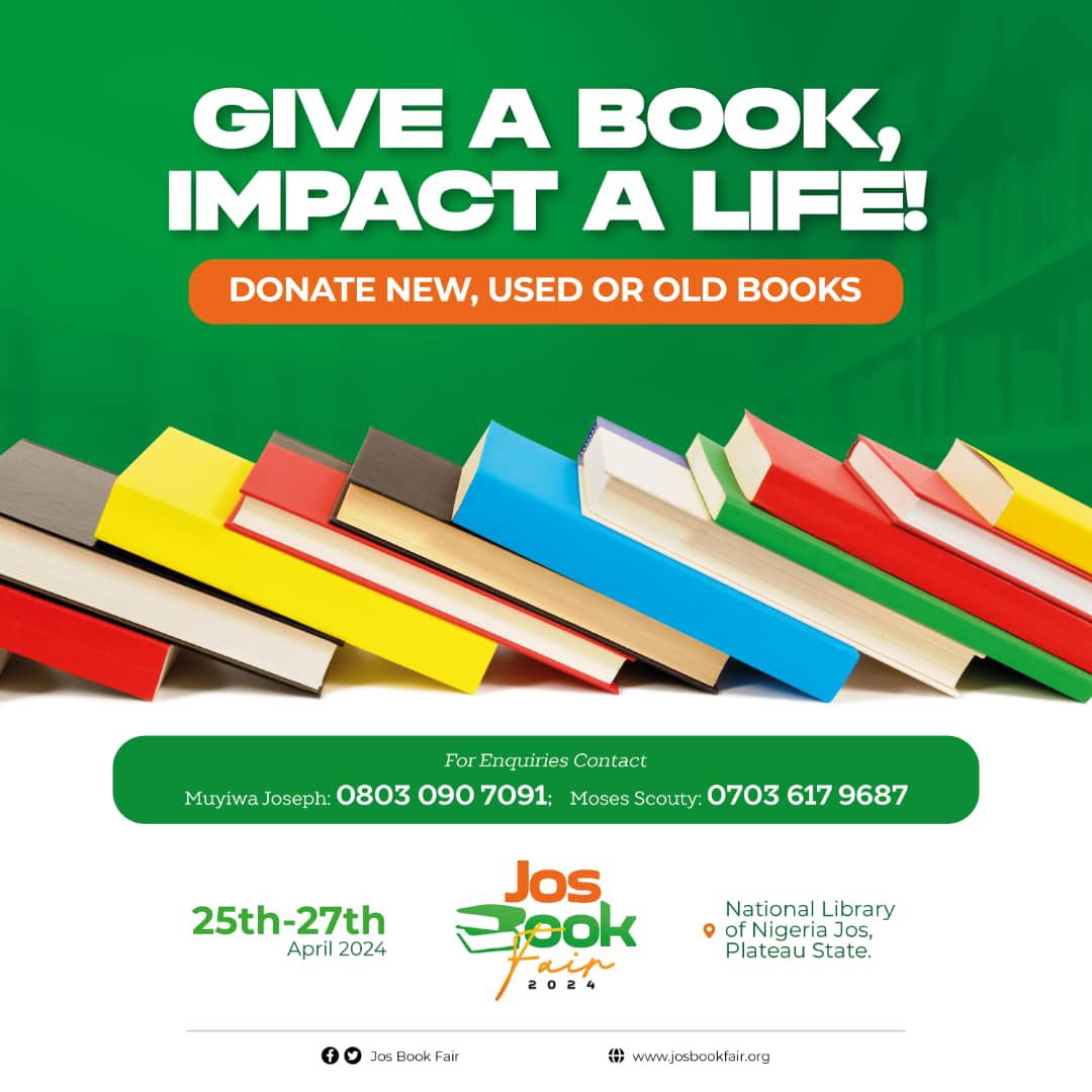 josbookfair01's tweet photo. Notice! Notice! Notice!
Do you have books you want to give out?
It could be old or new. Give a book and impact a life. We’ll be more than happy to receive your book donations☺️
#cmli #josbookfair #josbookfair2024 #booksarebridges https://t.co/LdsrZyHrdt