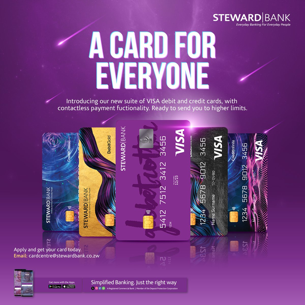 🟪Visa Globetrotter II 🟨Visa Gold debit card ⬛️Visa Infinite debit card 🟦Visa Classic credit card ⬛️Visa Infinite credit card Email: cardcentre@stewardbank.co.zw and preorder your new Visa card today! #stewardbankvisacards