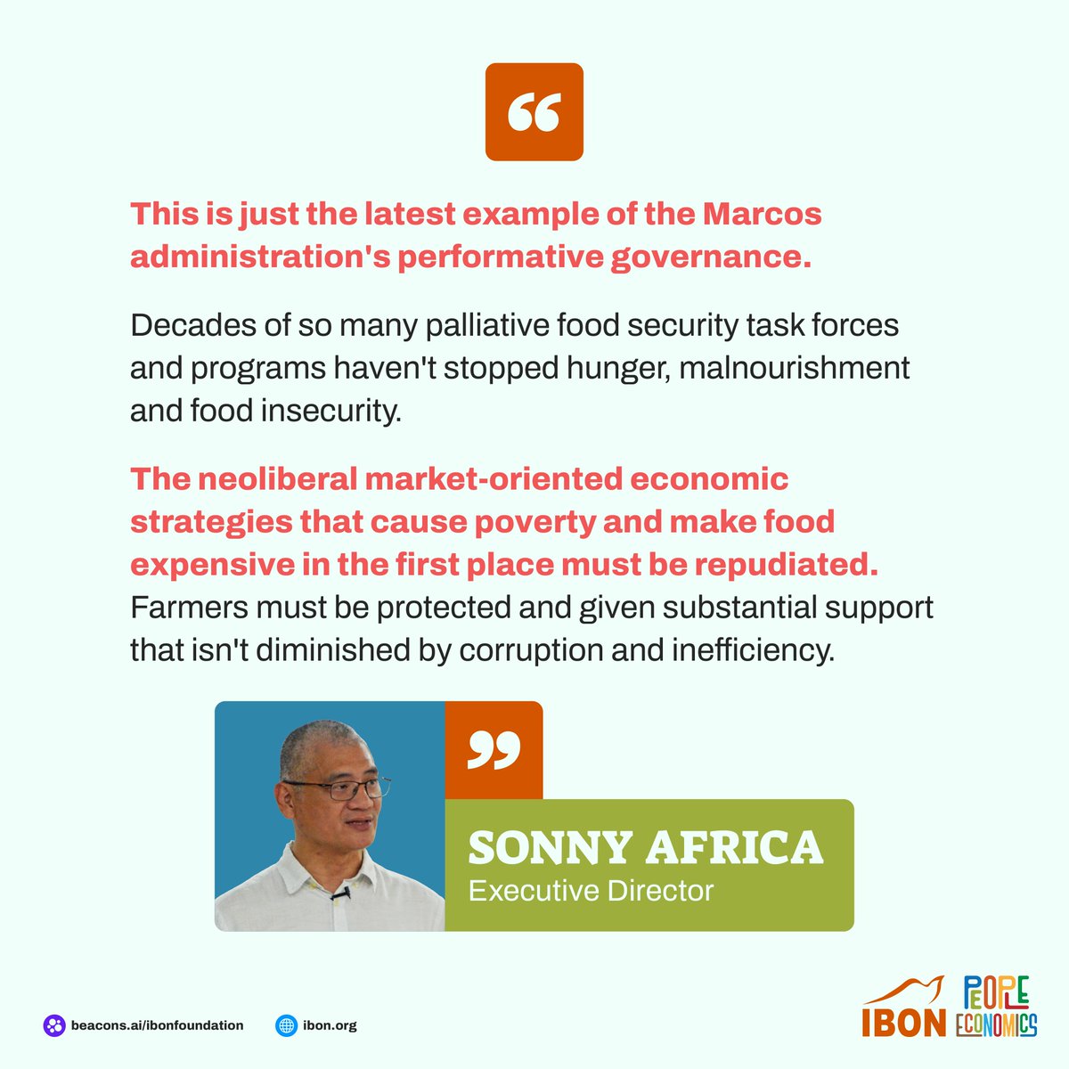 'Decades of so many palliative food security programs haven't stopped food insecurity. Neoliberal strategies that make food expensive in the first place must be repudiated.' IBON Executive Director on the Enhanced Partnership Against Hunger and Poverty (EPAHP) #PeopleEconomics