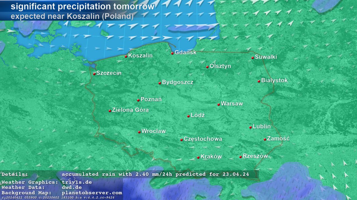This #weather map shows the precipitation accumulated over 24 hours for #Poland for tomorrow. For #Koszalin 2.4 mm/24h are expected for 23.04.24. @MeteoprognozaPL @AlePogoda @twojapogoda