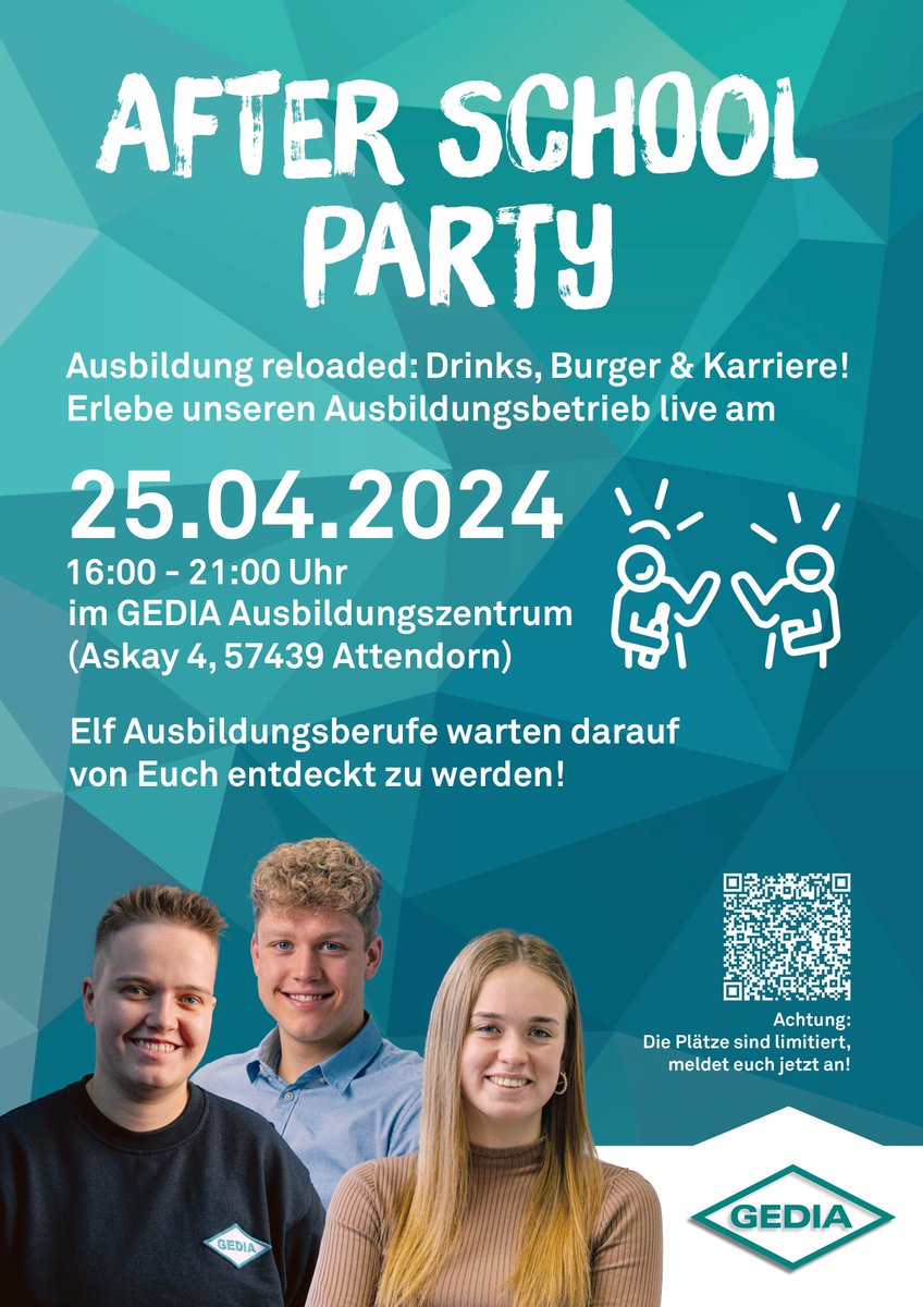 After School Party bei der GEDIA Automotive Group! #GEDIA lädt am Donnerstag, 25. April 2024, zu einem besonderen Infotag nach #Attendorn ein. Bei Drinks & Burgern kann der Ausbildungsbetrieb in der Zeit von 16:00 Uhr bis 21:00 live erlebt werden! tinyurl.com/575nrj96