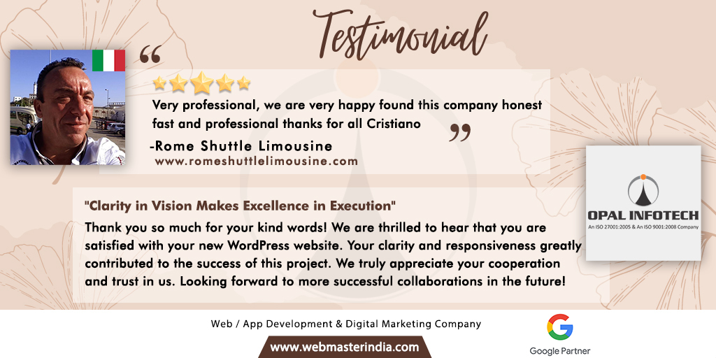 “Clarity in Vision Makes Excellence in Execution”

We're delighted you're happy with your new WordPress site! Your clear communication and responsiveness were key to its success. Thank you for your trust and cooperation.

romeshuttlelimousine.com

#OpalInfotech #ClientReview