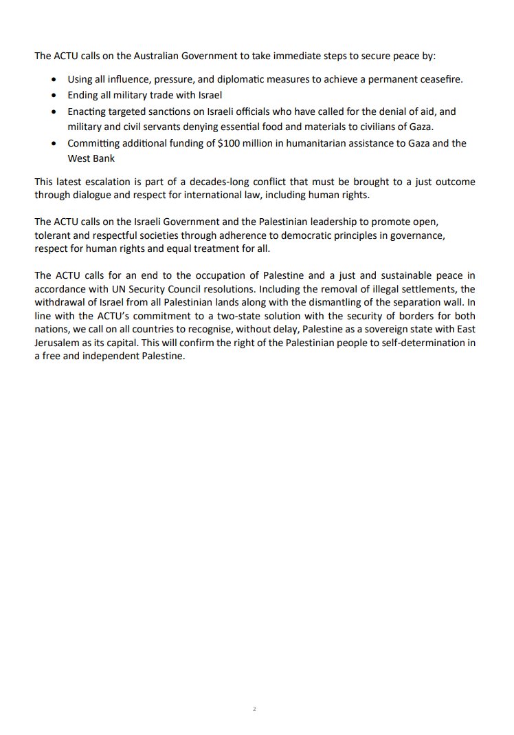 BREAKING: Significant Gaza statement from @unionsaustralia calls on Australian Govt to: ✅ 'End all military trade with Israel' ✅ Enact targeted sanctions on Israeli officials, military & civil servants who have denied essential aid to Gaza Time for Australia to act!