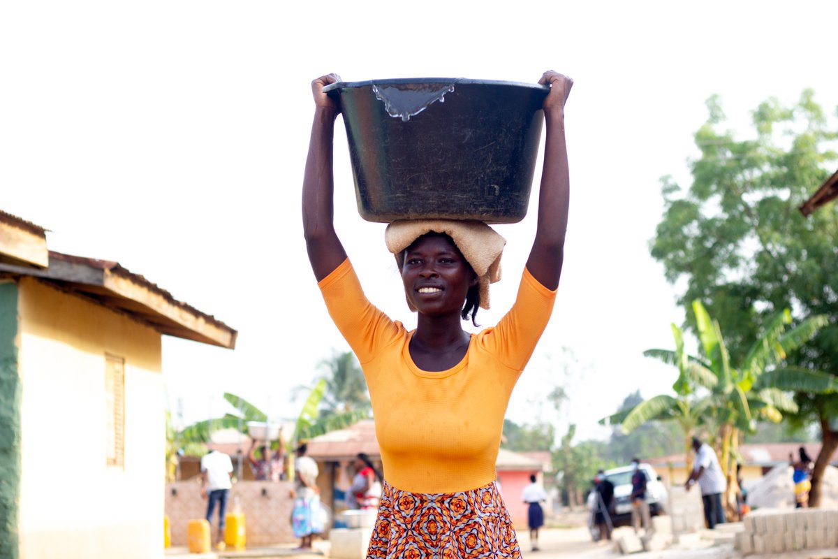 Ernestina Antwi, a member of the Okaikrom community in Ashanti, now enjoys convenient access to clean, safe drinking water through a household water connection provided by WSUP Ghana and The One Foundation. Read more about these connections here: bit.ly/3xMieyz