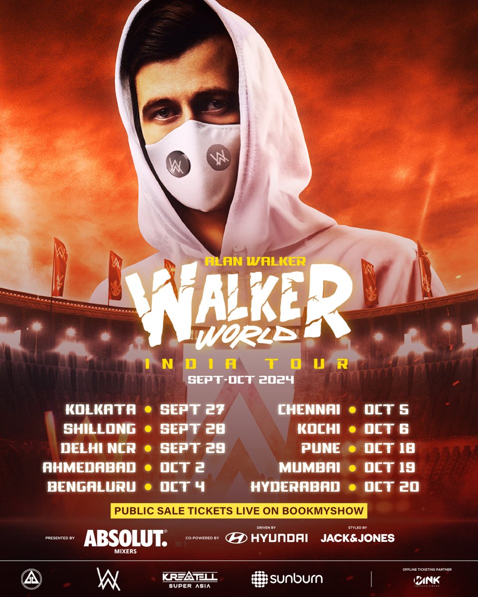 Calling out all the Walkers! Public Sale Tickets are live now only on @bookmyshow Experience Alan Walker's Biggest India Tour this Oct - Sept! Grab your tickets now! 🎟️ - in.bookmyshow.com/events/sunburn…