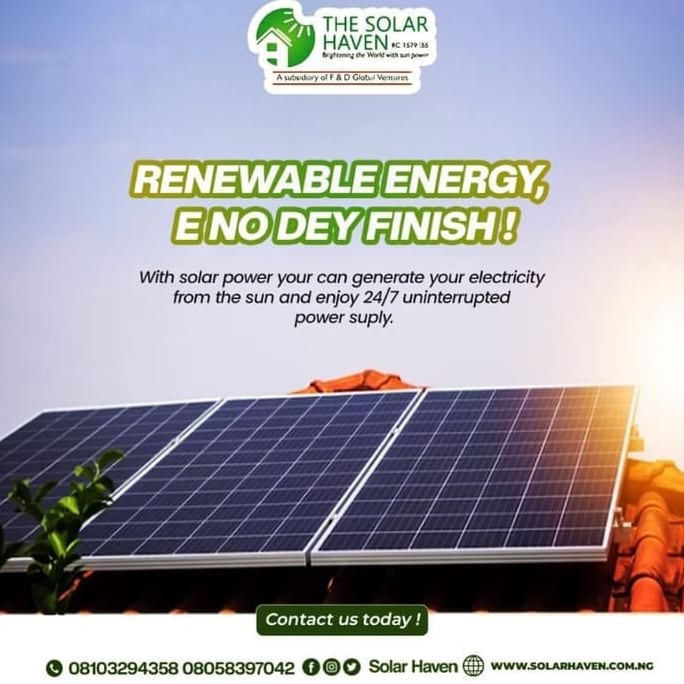 TheSolarHaven's tweet photo. E plenty berekete for sky. Switch to renewable energy today.

Our prices are friendly and our services are quality.

Contact us today via:
🌐: https://t.co/YTLzdAJZqk
☎️: 08058397042,08103294358

#Dangote #Quavo #Whatsapp #Abia #Falomo #Trent #2face https://t.co/Sj46jtHAXy