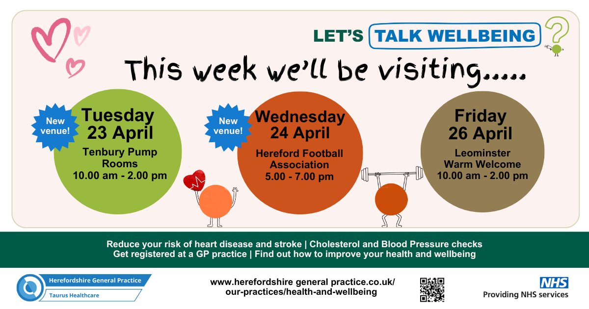 Our Talk Wellbeing team will be out and about again this week, with new opportunities to meet our team in Tenbury and at Hereford Football Association. We'll also be back at Leominster Warm Welcome! See below for full details or visit our webpage: herefordshiregeneralpractice.co.uk/health-and-wel…