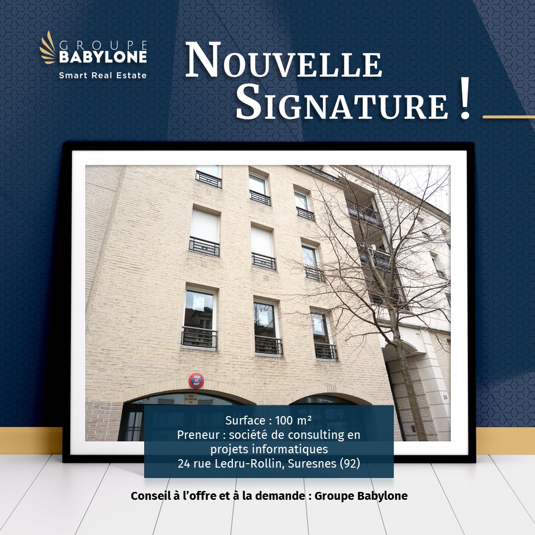 📣 Nouvelle transaction 📣
Une société de consulting en informatique vient de prendre à bail 100 m² de bureaux au 24 rue Ledru-Rollin, Suresnes (92).
Une transaction réalisée par le département Bureaux Île-de-France Ouest de Groupe Babylone, conseil des deux parties.