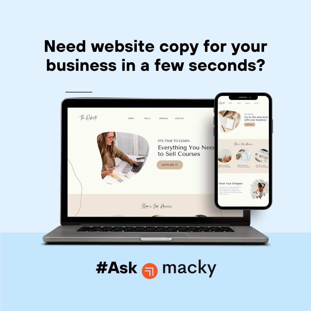 Crafting compelling website copy has never been faster! ✨ With Macky, our AI Business Consultant, you can generate captivating website content in just a few seconds. Say goodbye to writer's block and hello to polished, professional copy that captivates your audience.