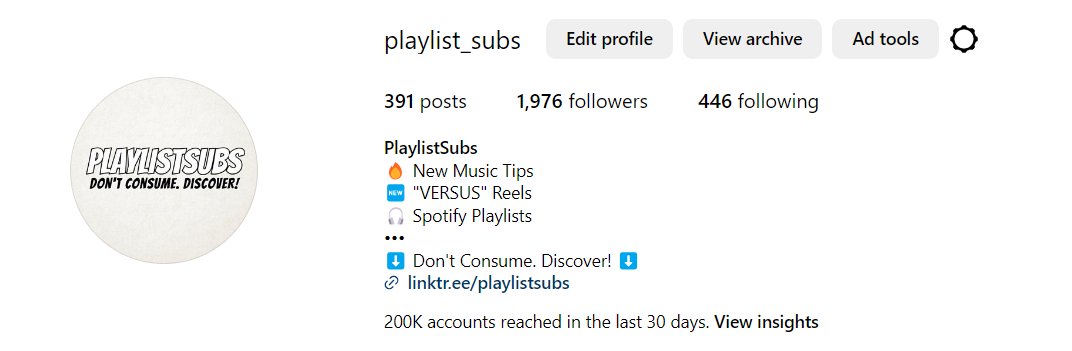 This is nuts! In 2,5 years of PlaylistSubs, I only managed to get 800 followers on IG. Now, two of my reels went popular and I hit 1000 followers 4 days ago. Today we're probably hitting 2000. It's bittersweet - you can try as hard as you can but you'll never beat algorithms.