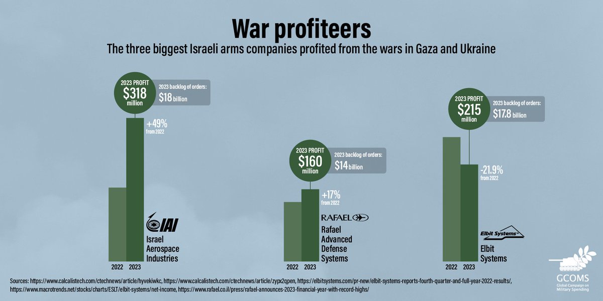 The three biggest Israeli arms companies which make a large share of their money from exports, profited from the wars in Gaza and Ukraine. With large order backlogs, they are set to increase their earnings in the coming years.