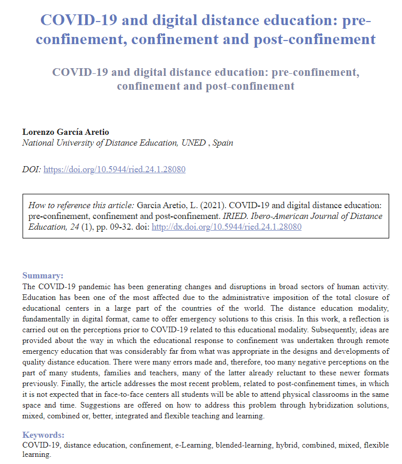 📚 What were our perceptions of distance education before #COVID19? 💭 This article contemplates how this educational approach evolved during the pandemic and tackled the challenge of providing quality instruction. ▶revistas.uned.es/index.php/ried…