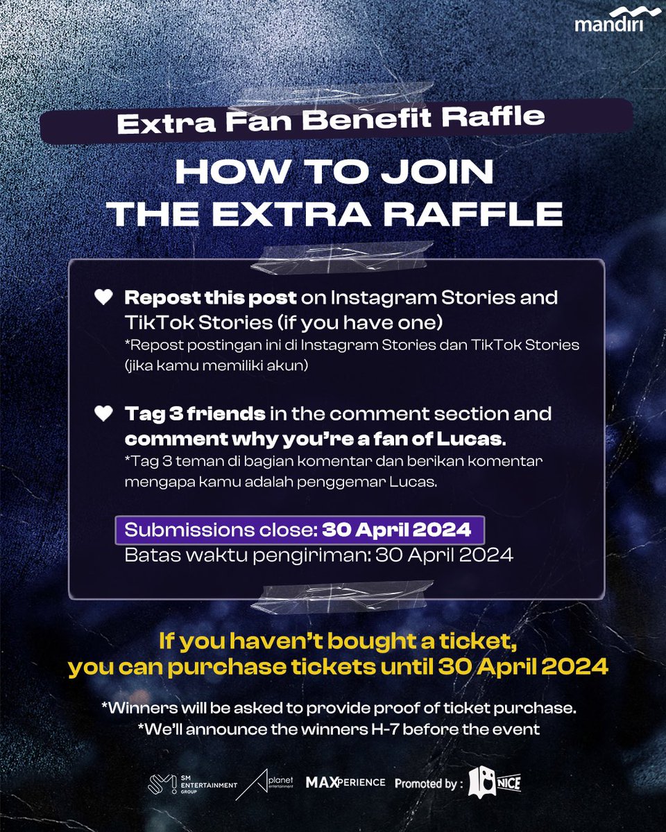 NICE x KVIBES: EXTRA FAN BENEFIT RAFFLE for Lucas's First Fancon in Jakarta. Win a group photo with Lucas at his first Jakarta Fancon! People who buy their ticket between April 8 and April 30, 2024, are eligible to join the raffle! Don't miss this chance 🌟#LUCAS_FIATLUX_JAKARTA
