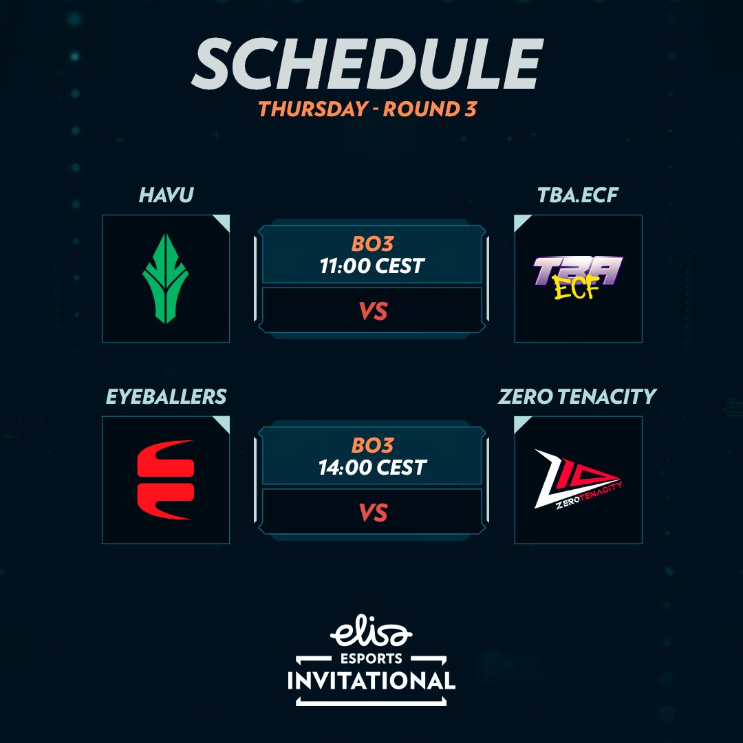 The competition heats up on the last day of #ElisaInvitational Spring 2024 Main Swiss Round 3 🔥 🕚 11:00 CEST - @HAVUgaming vs. @tba_ecf 🕑 14:00 CEST - @EYEBALLERS vs. @Z10esports We are live👉 twitch.tv/elisaesports