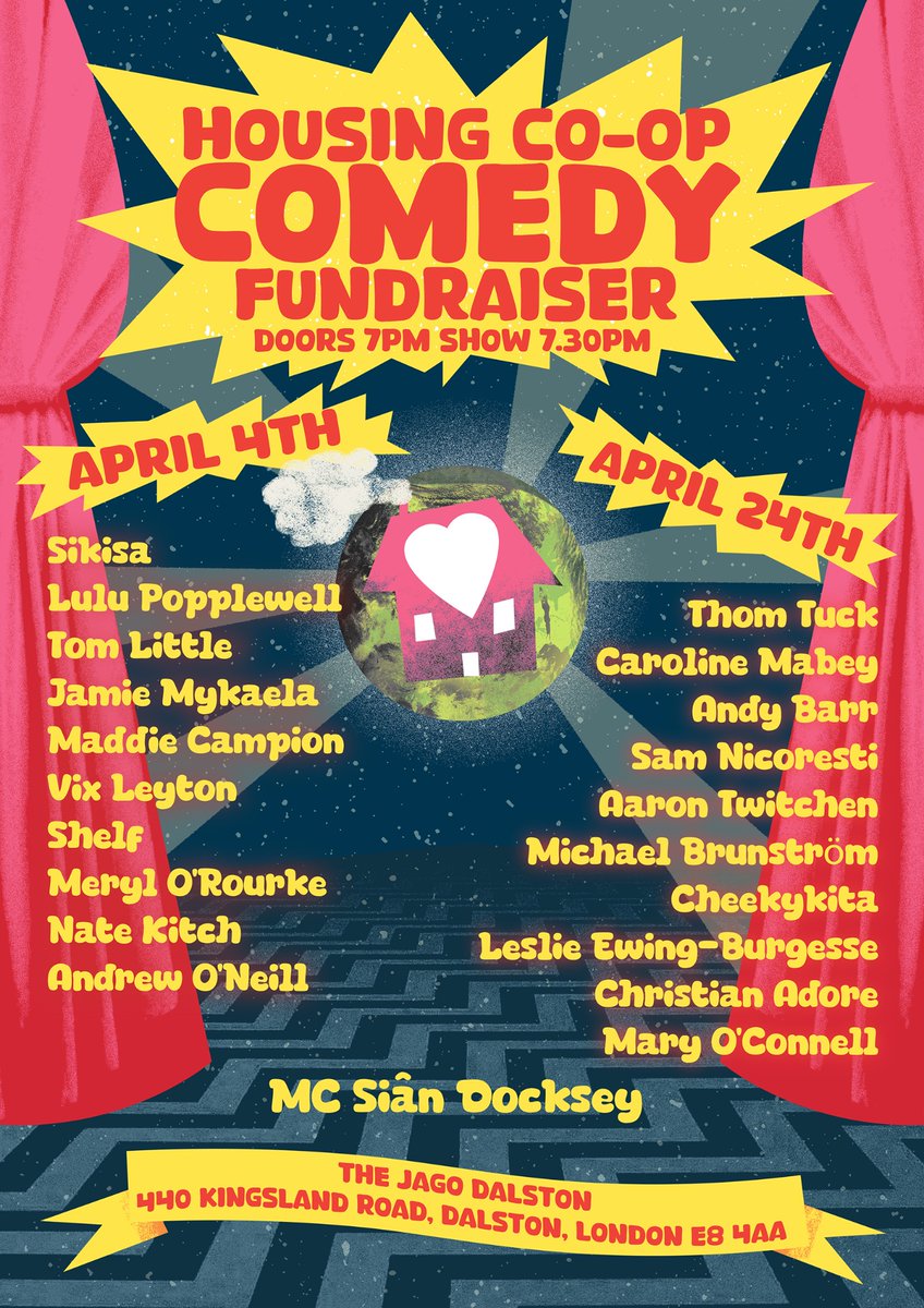 🎉WEDNESDAY!🎉 ✨CAN COME✨ to a mega bill of stand up & surrealist comedy excellence? BOOK HERE: outsavvy.com/event/18836/ho… 🏡CAN’T COME🏡 but want to help a family about to be homeless and build more secure, collectively-owned housing? 💛DONATE HERE: justgiving.com/crowdfunding/m…