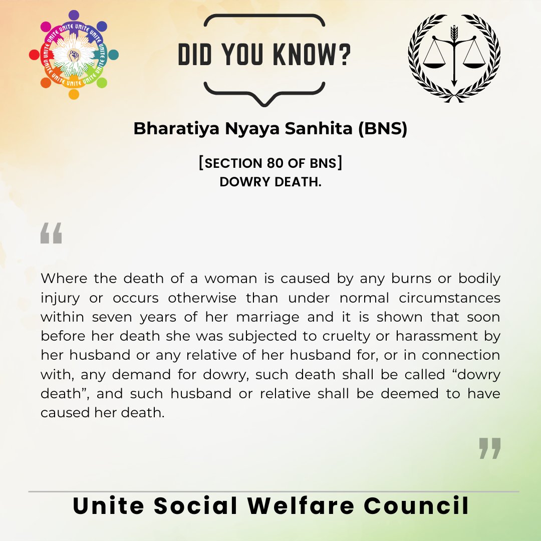 Section 80 of BNS: Dowry Death.

#DowryDeath #Cruelty #Harassment #MarriageLaw #LegalJustice #GenderEquality #USWC