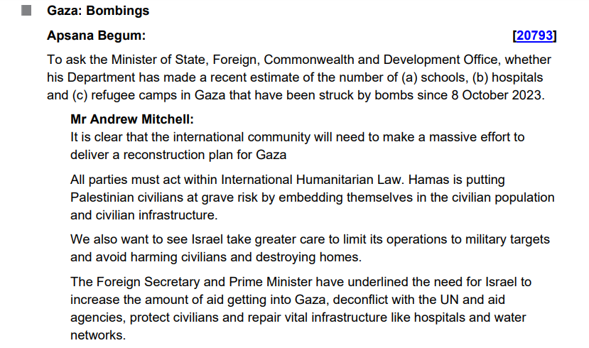 The UK has been providing military, intelligence, and diplomatic support to Israel as it decimates Gaza. Now, Foreign Office minister Andrew Mitchell says 'the international community will need to make a massive effort to deliver a reconstruction plan for Gaza'. #DCUKParliament