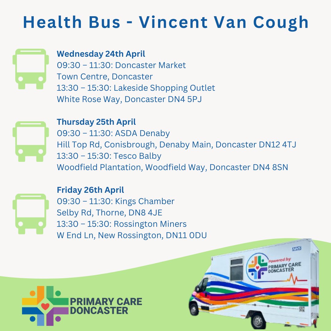 Vincent Van Cough is out and about this week offering drop-in GP clinics at different sites across Doncaster As always, no appointment is needed, you can just walk in! Keep an eye on our website for upcoming locations and updates: primarycaredoncaster.co.uk/services/vince…