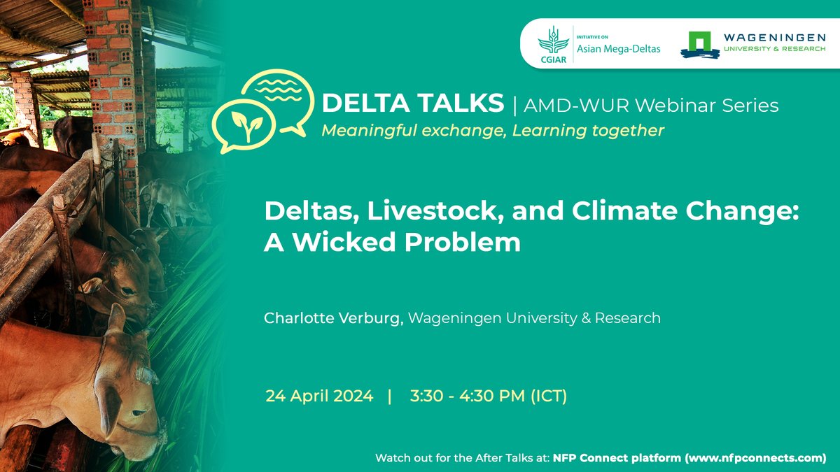 irri's tweet photo. #UPCOMINGEVENT: The @CGIAR AMD Initiative & @WUR invite everyone to the 9th installment of #DeltaTalks.
๐ฌ Delta Talks 9: AMD-WUR Webinar Series
๐ Deltas, Livestock, and Climate Change: A Wicked Problem
๐๏ธ 24 Apr
Sign up here: https://t.co/naCiqeo3wp https://t.co/vO3Lo35iNq