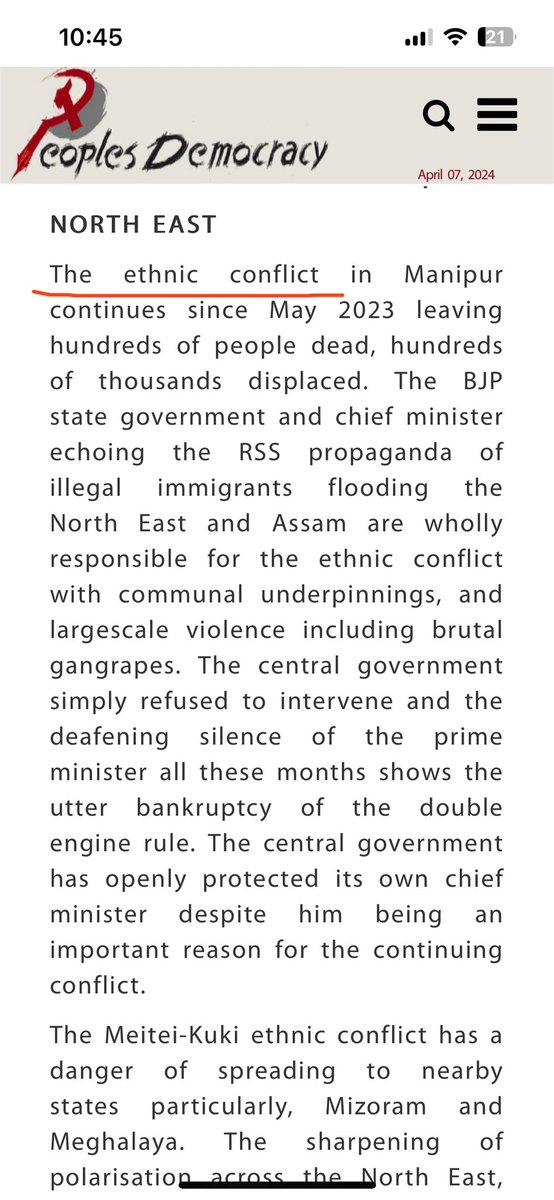 Shivashankarpr's tweet photo. Is #Manipur riot religious one?

No,it is written in @cpimspeak's manifesto itself.Does @CPIMKerala agree with the manifesto which has been repeated many times that Manipur is an ethnic issue. 

If you agree , then you should apologise to the people.

#BJP #KeralaWithModi #aModi https://t.co/WVwTqeAUMW