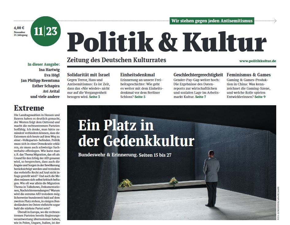 Der Bundestag debattiert über die Einführung eines #Veteranentags. Der Deutsche Kulturrat hat sich in seiner Zeitung @pukzeitung 11/23 intensiv mit dem Thema #Bundeswehr & #Erinnerung beschäftigt. --> kulturrat.de/presse/pressem… @EvaHoegl @BMVg_Bundeswehr @olaf_zimmermann