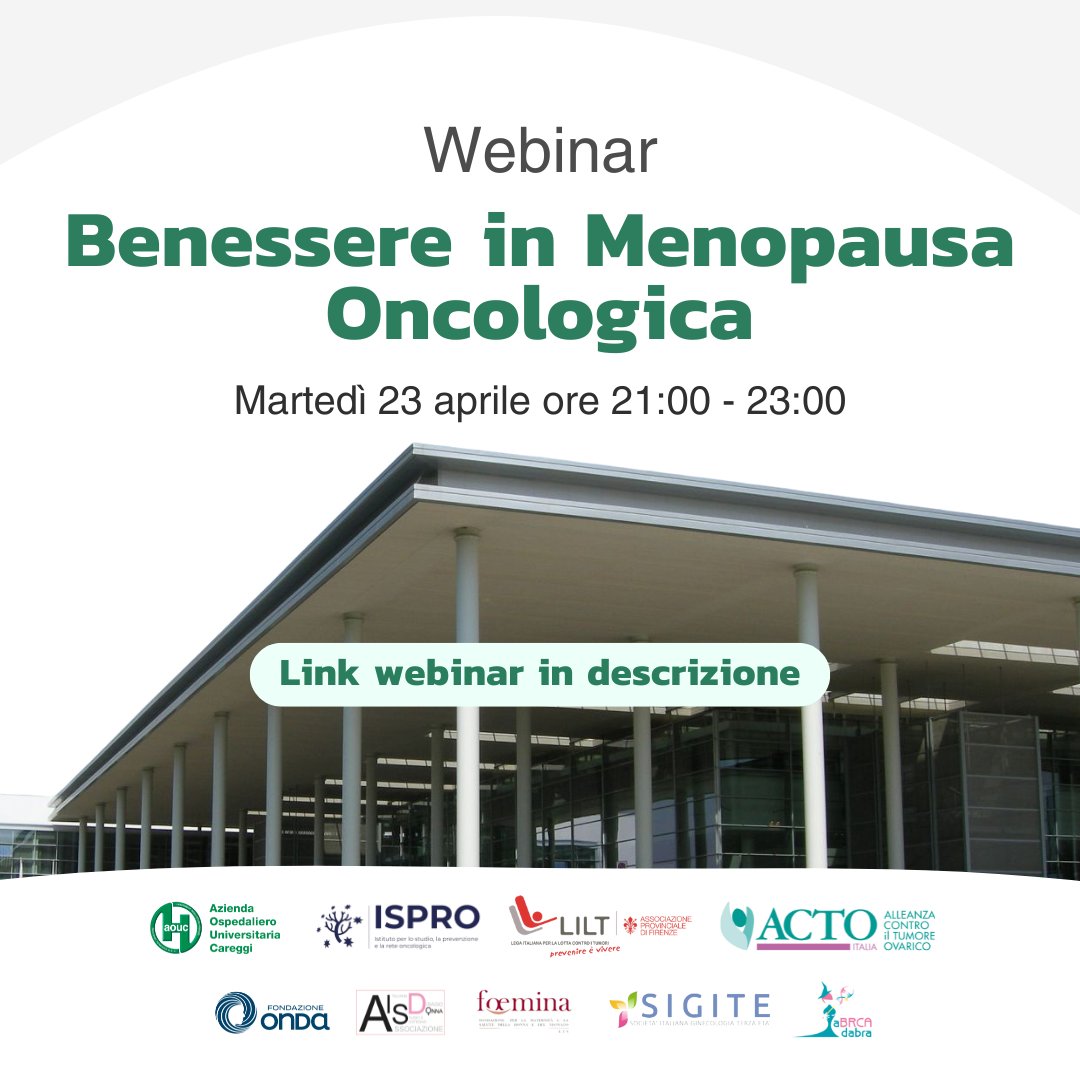 📣 Webinar : Benessere in Menopausa Oncologica - 23 aprile - ore 21:00/23:00

🔗 Collegamento Webinar:  aou-careggi-toscana-it.zoom.us/j/84950502308?… 

📌 Note: Non è necessaria la prenotazione 

#Careggi #CareggiNotizie #BenessereMenopausaOncologica #Webinar #SaluteDellaDonna