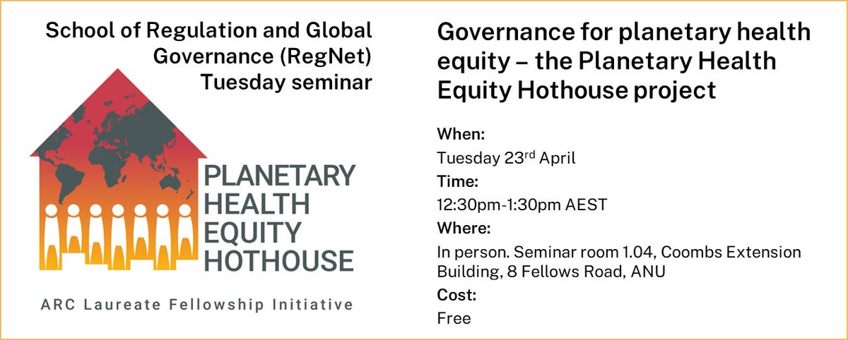 A reminder that the @PHEHothouse team are presenting in the @ANURegNet lunchtime seminar tomorrow. We'd love to see your faces there. hothouse.anu.edu.au/event/governan… @hilarybambrick @cbr_heartdoc @frankjotzo @rebeccapearse @RDNS_TAI