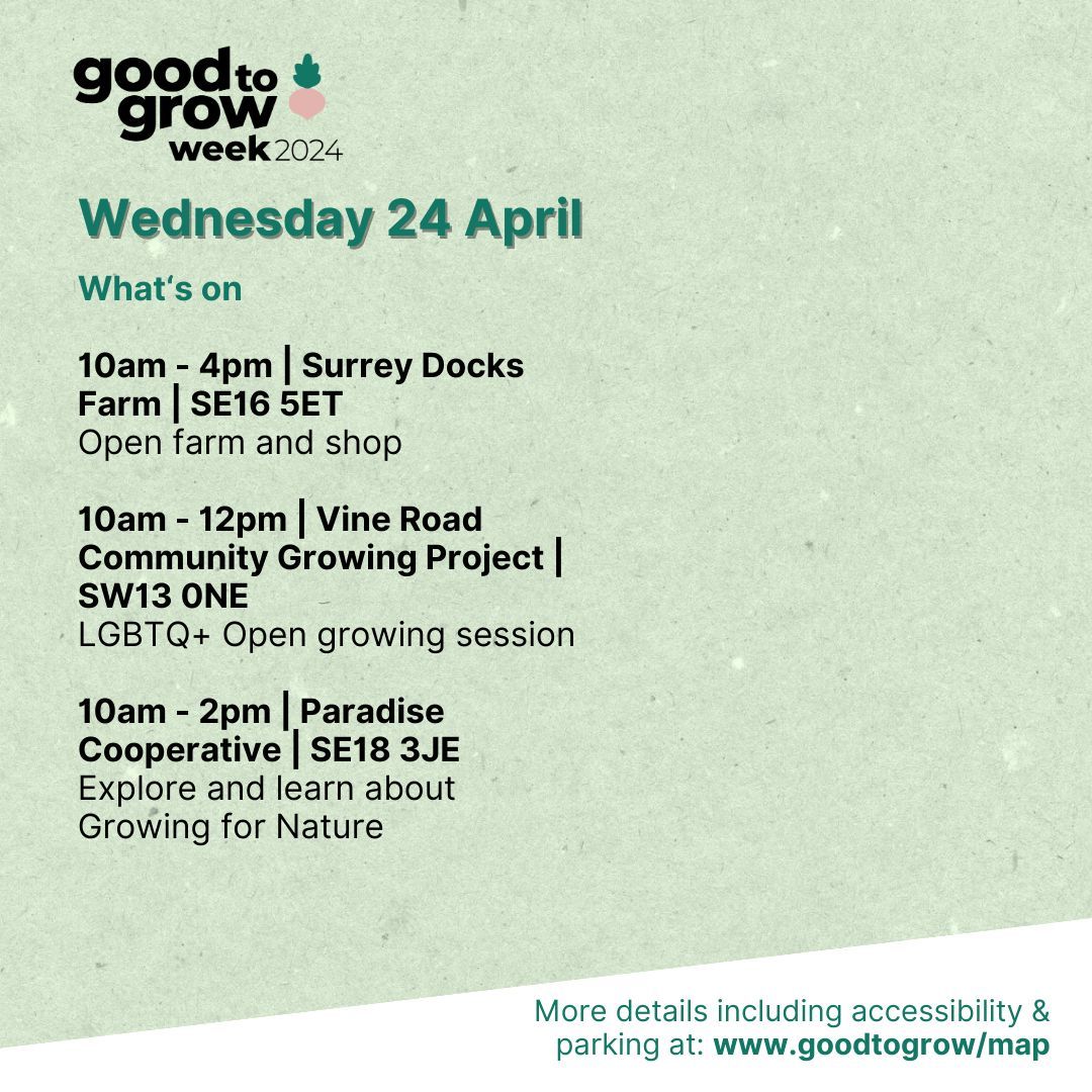 Good to Grow week is here! Find out what events are happening in London on Wednesday!

For more details and to find out about more events as they are added, head to buff.ly/4aHdIA2

#GoodToGrow #London #UrbanGarden #OpenGarden #CapitalGrowth