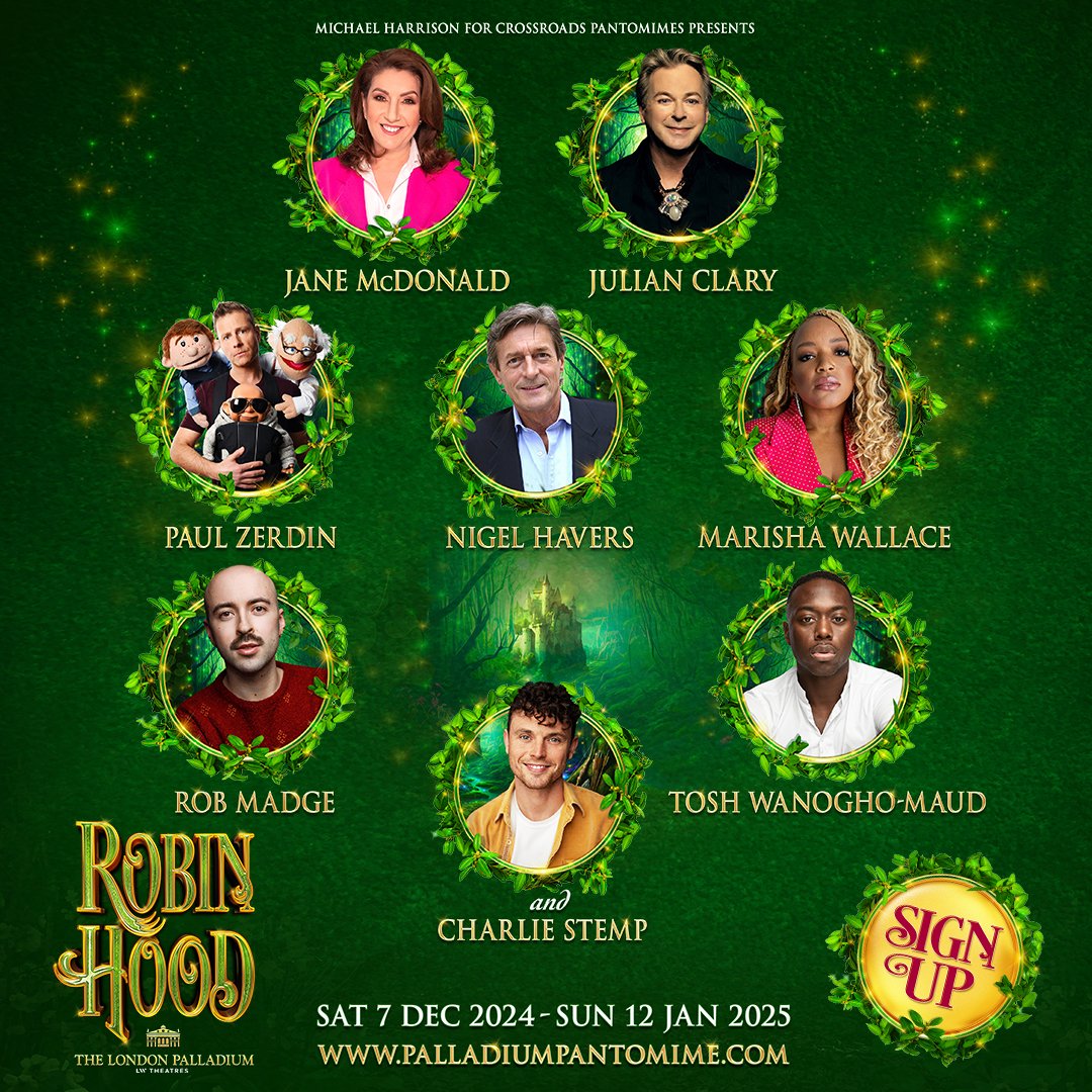 PalladiumPanto's tweet photo. ANNOUNCED: Robin Hood at the @LondonPalladium!

Starring @TheJaneMcDonald and @JulianClary, returners Paul Zerdin, Nigel Havers, @Charlie_Stemp &amp; @Rob_Madge_02 with @marishawallace &amp; @T0SHEE making their Palladium panto debut.

🎫 Pre-sale 10am Thu 25 Apr

https://t.co/j9q7B3eMcr https://t.co/h8x5qVAhUg